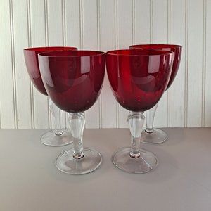 4 Ruby Red Large Wine Glasses Clear Stem